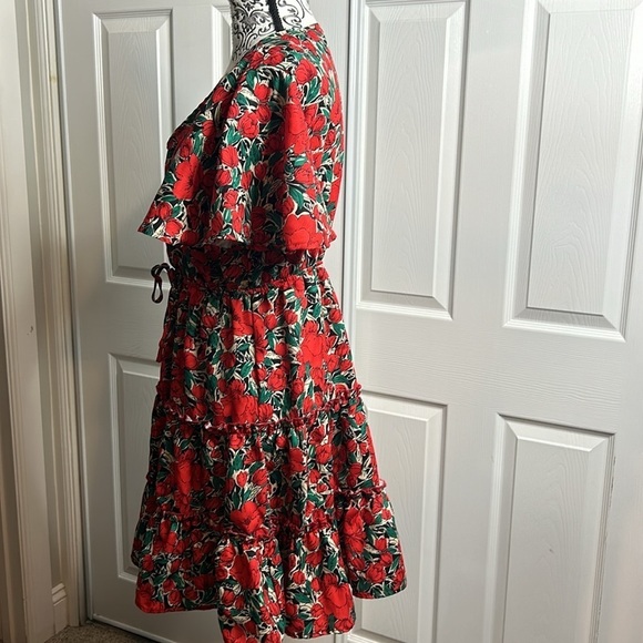 SHEIN Bright Red Roses Flowers Cinched Waist Dress L - Picture 2 of 5